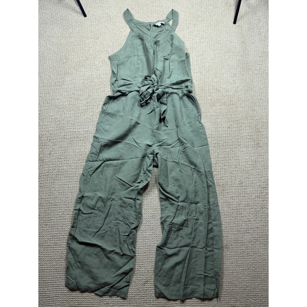 LOFT Olive Green Linen Blend Wide Leg Halter Jumpsuit XL Tie Waist Pocket